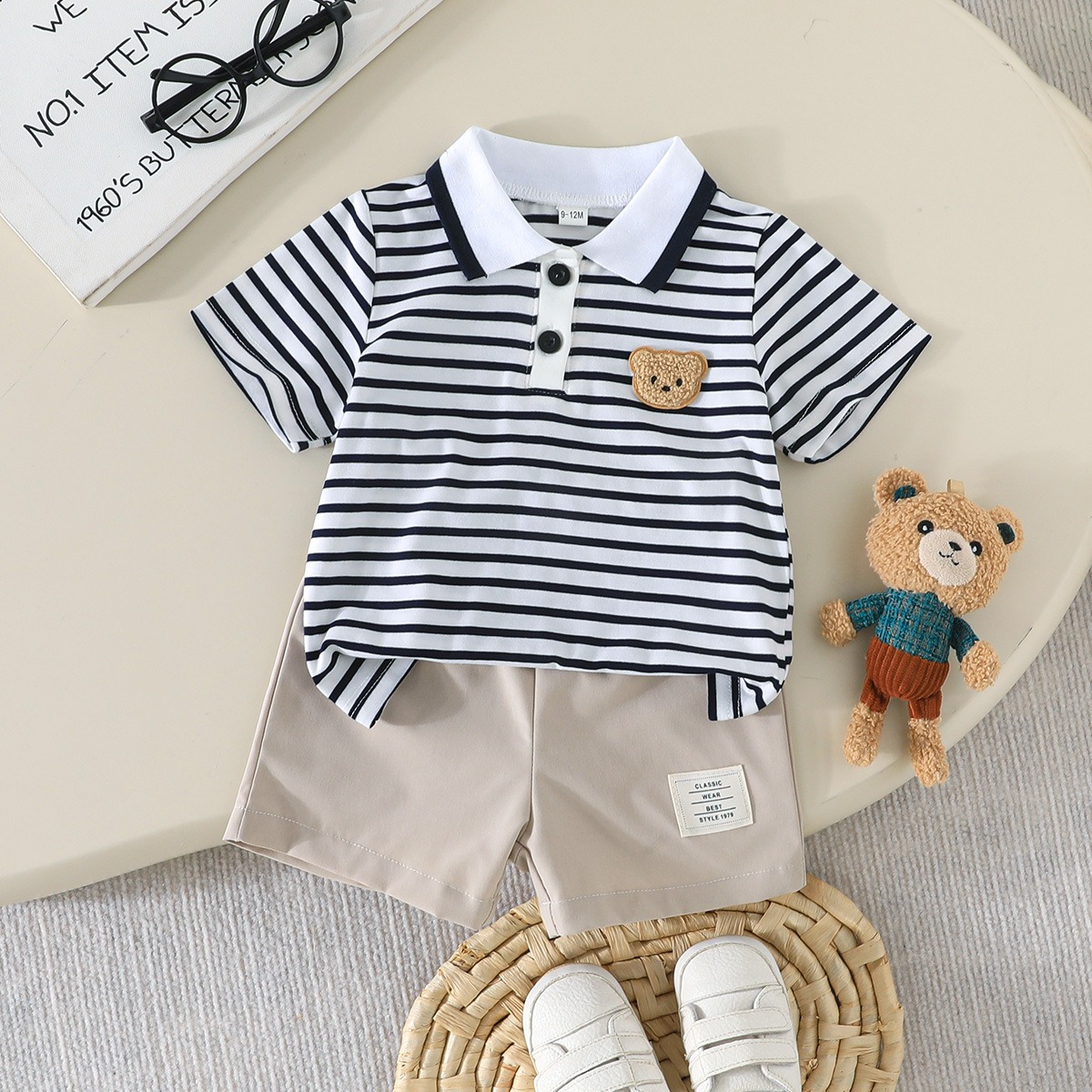 Baby Boys Striped Polo Shirt and Shorts Set Cute Bear Embroidery 2PCS Summer Casual Outfit Toddler Kids Clothes