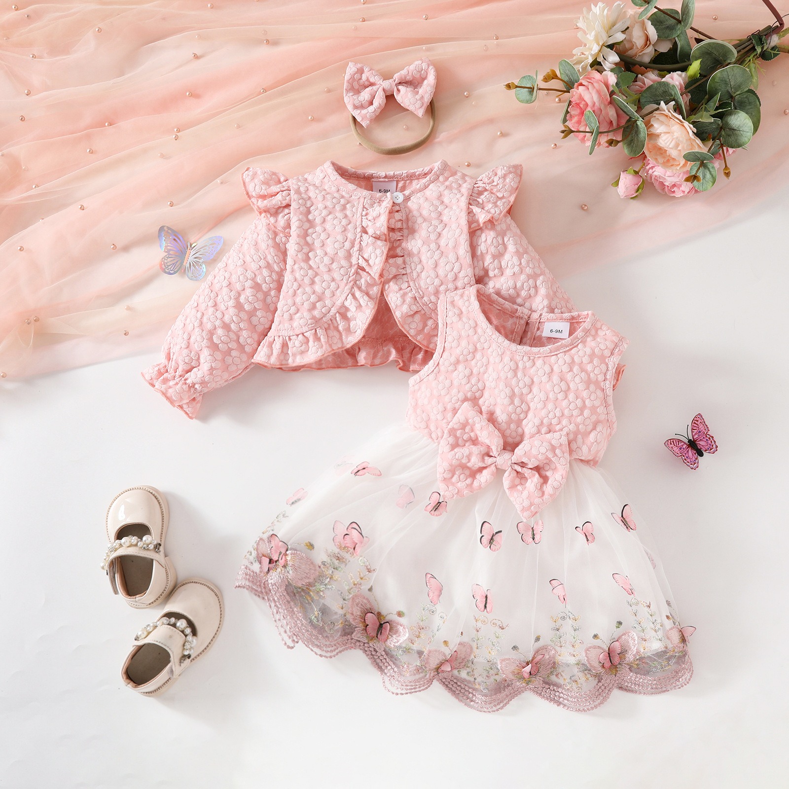 Baby Girls Princess Dress Set Floral Long Sleeve Jacket Bow Tulle Party Dress with Matching Headband 3PCS Outfit