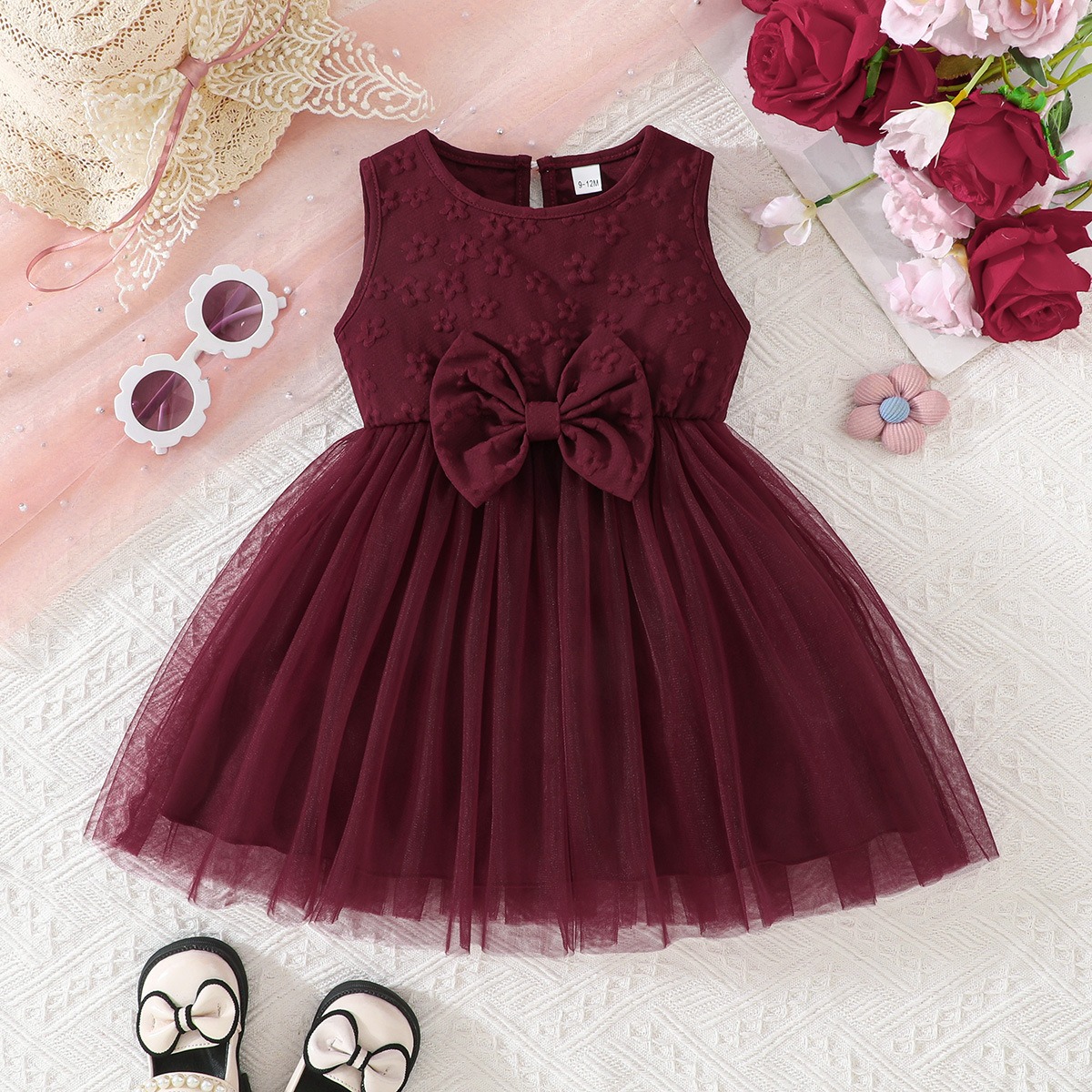 Girls Burgundy Princess Tulle Dress Sleeveless Big Bow Party Birthday Wedding Flower Girl Dress for Kids