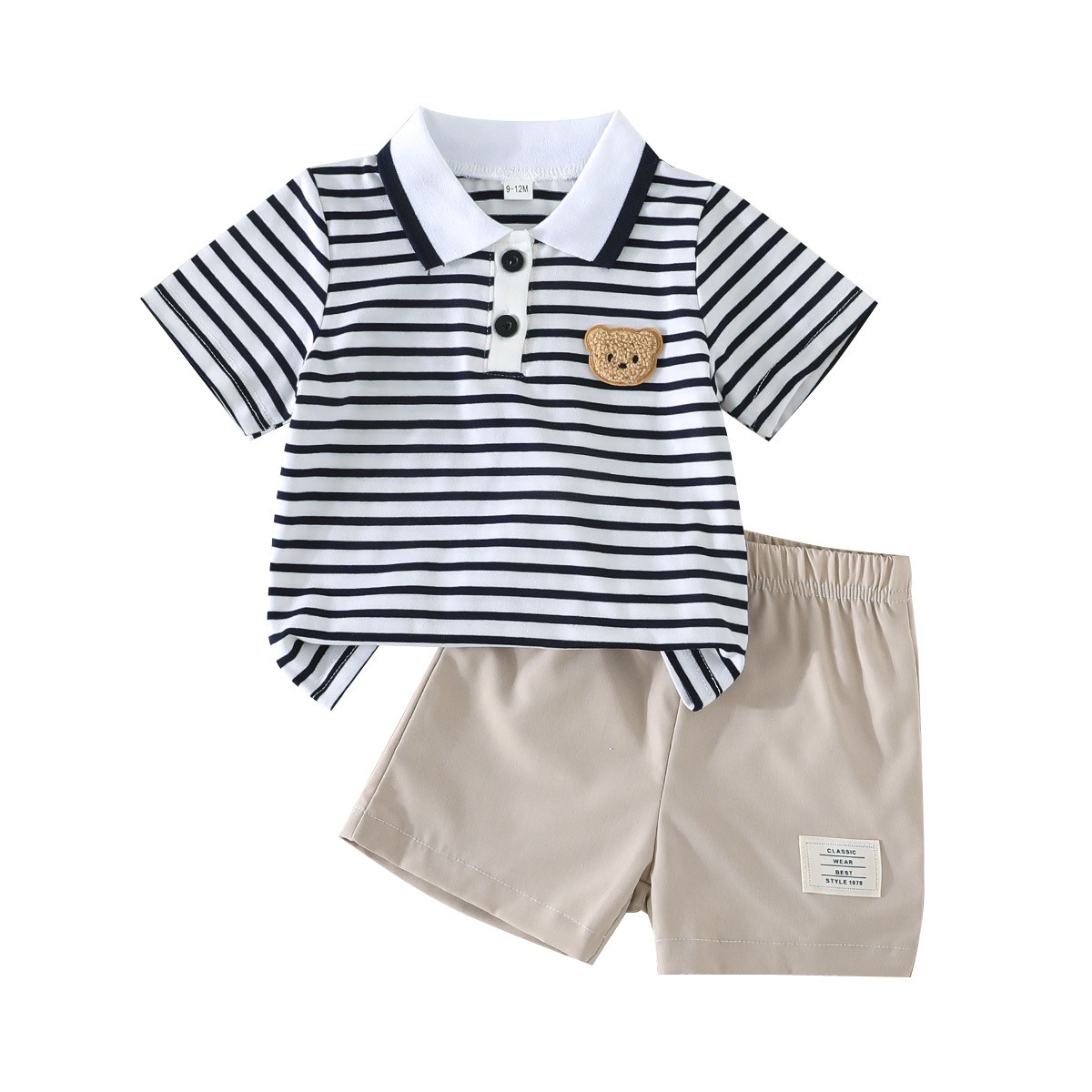 Baby Boys Striped Polo Shirt and Shorts Set Cute Bear Embroidery 2PCS Summer Casual Outfit Toddler Kids Clothes