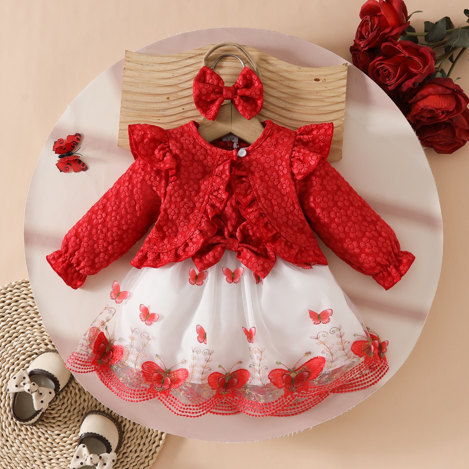Baby Girls Princess Dress Set Floral Long Sleeve Jacket Bow Tulle Party Dress with Matching Headband 3PCS Outfit
