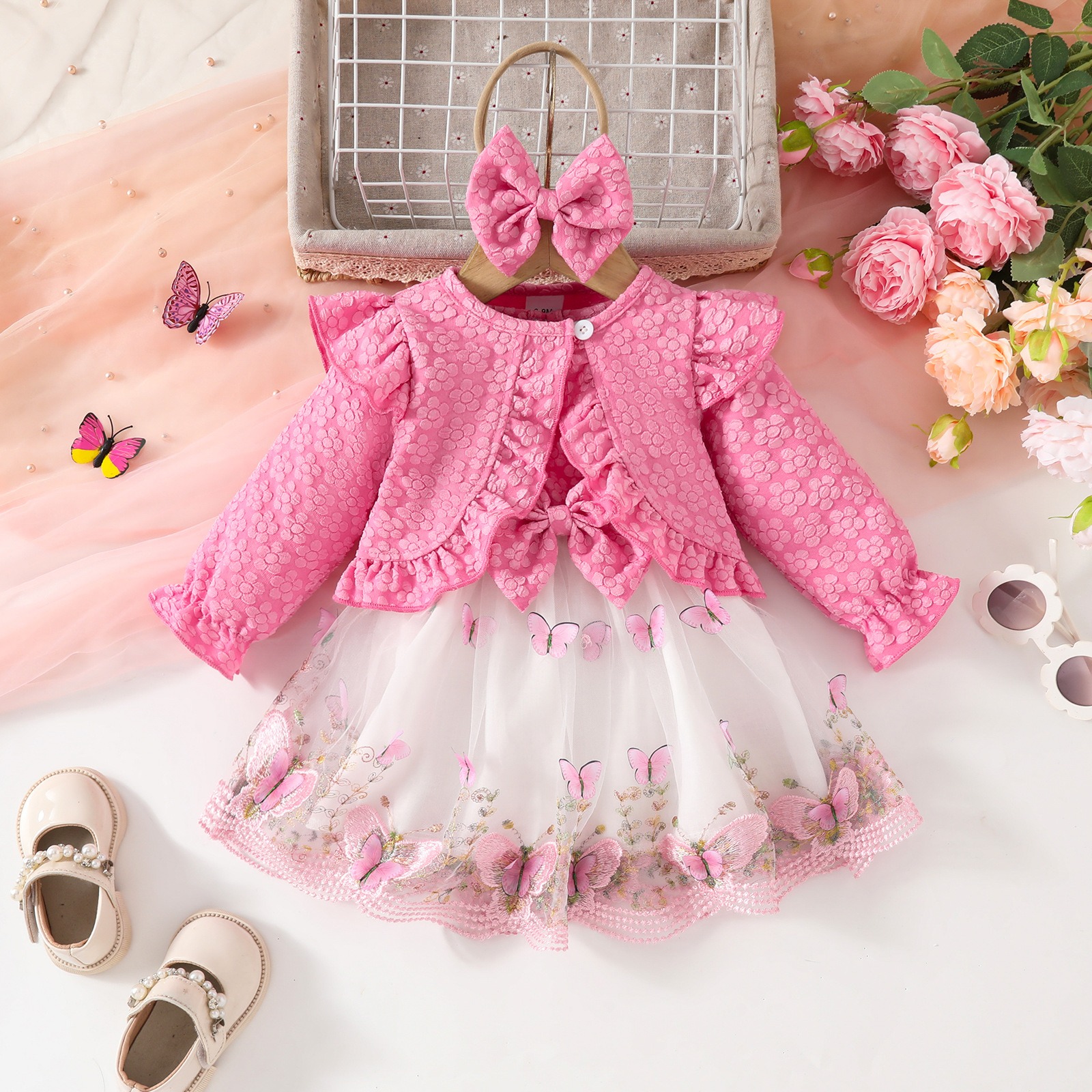 Baby Girls Princess Dress Set Floral Long Sleeve Jacket Bow Tulle Party Dress with Matching Headband 3PCS Outfit