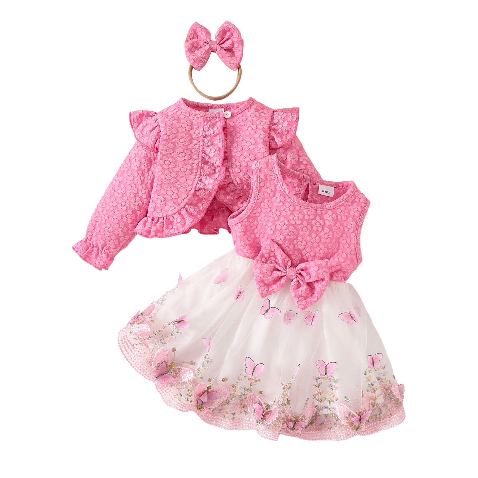 Baby Girls Princess Dress Set Floral Long Sleeve Jacket Bow Tulle Party Dress with Matching Headband 3PCS Outfit