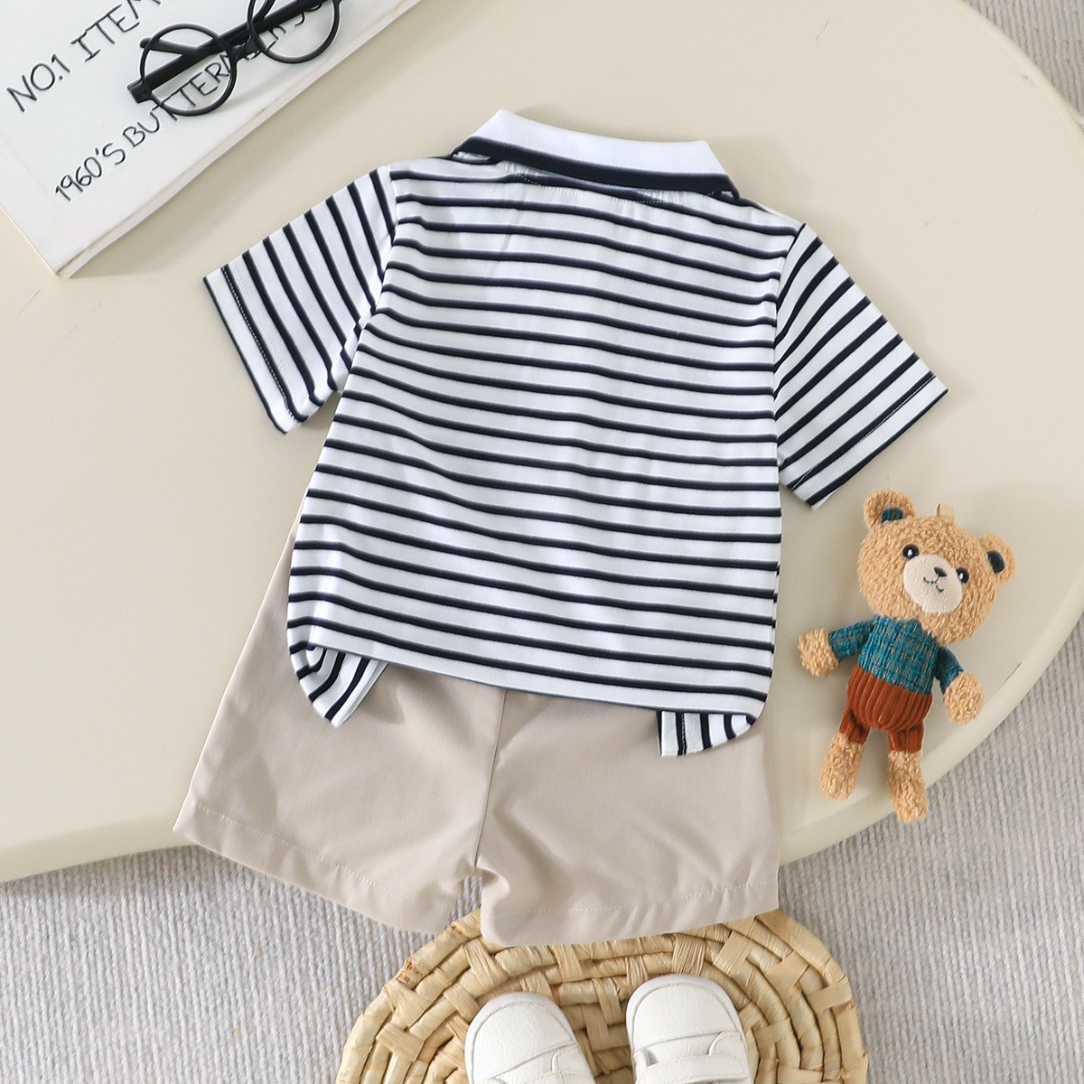 Baby Boys Striped Polo Shirt and Shorts Set Cute Bear Embroidery 2PCS Summer Casual Outfit Toddler Kids Clothes