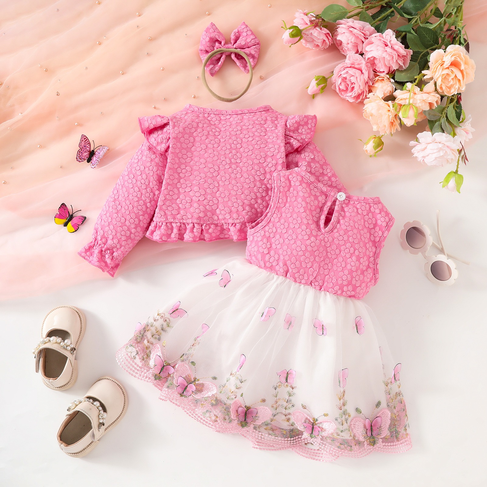 Baby Girls Princess Dress Set Floral Long Sleeve Jacket Bow Tulle Party Dress with Matching Headband 3PCS Outfit