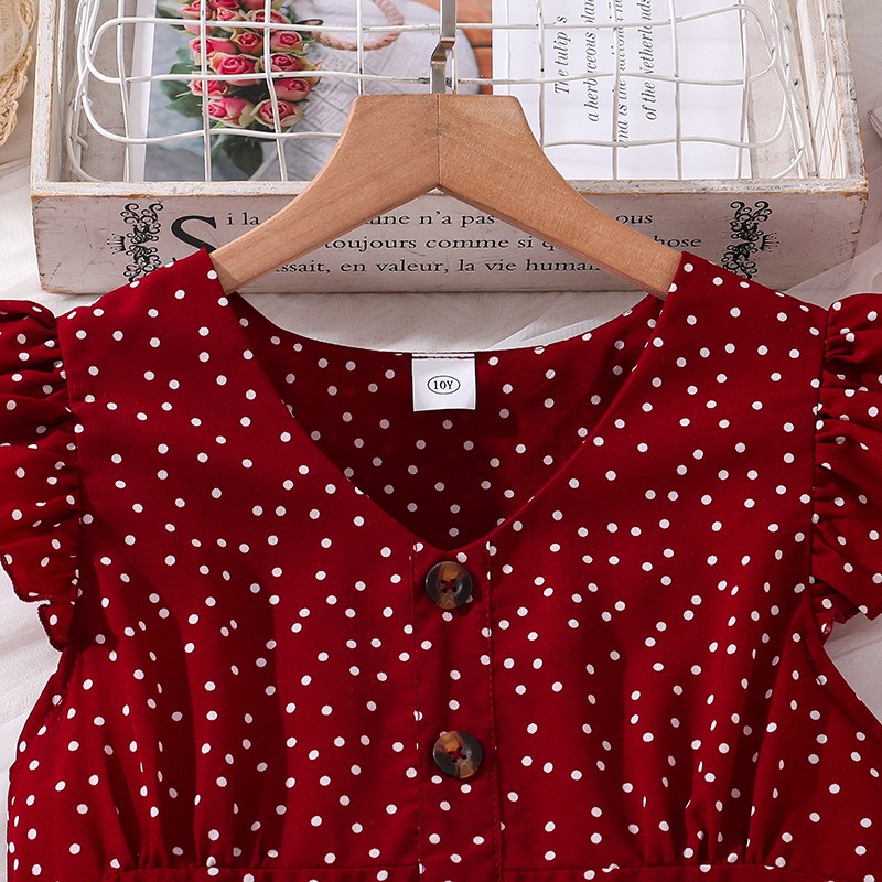 Girls Red Polka Dot Princess Dress for Girls 4-12 Years, Summer Flutter Sleeve  A-Line Party Dress Kids Elegant Casual Dress