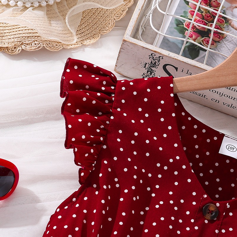Girls Red Polka Dot Princess Dress for Girls 4-12 Years, Summer Flutter Sleeve  A-Line Party Dress Kids Elegant Casual Dress