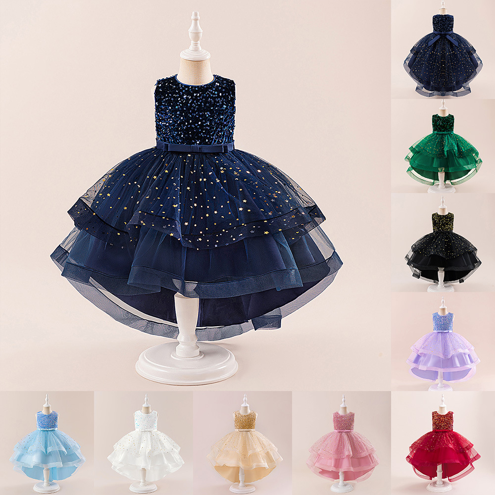 Girls Sequin Princess Dress Flower Girl Tutu Gown with Train Kids Pageant Dress Party Wedding Formal Wear