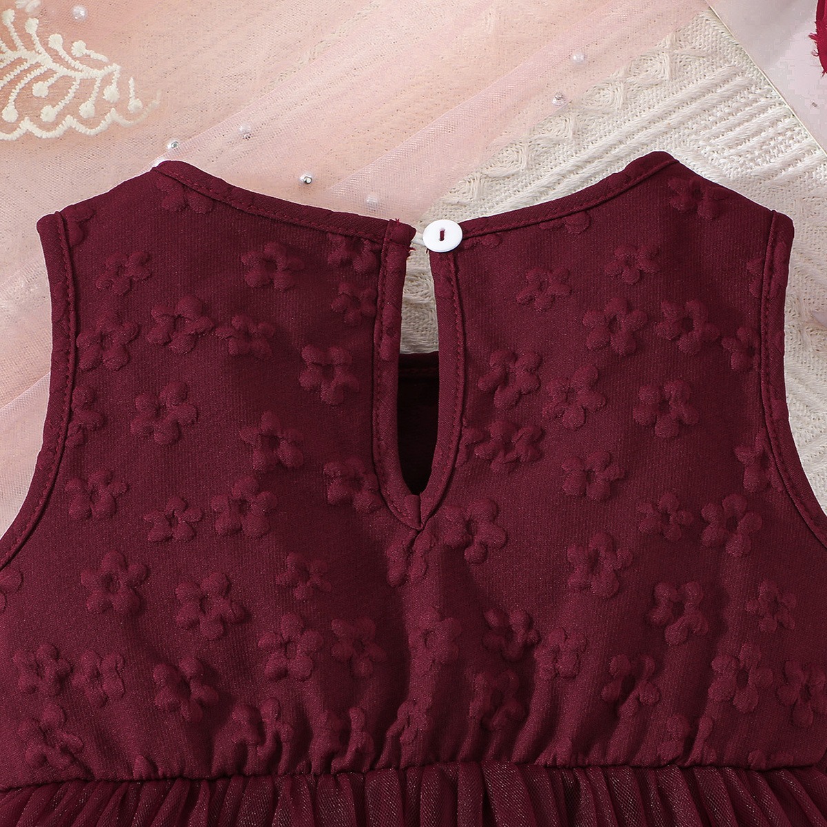 Girls Burgundy Princess Tulle Dress Sleeveless Big Bow Party Birthday Wedding Flower Girl Dress for Kids
