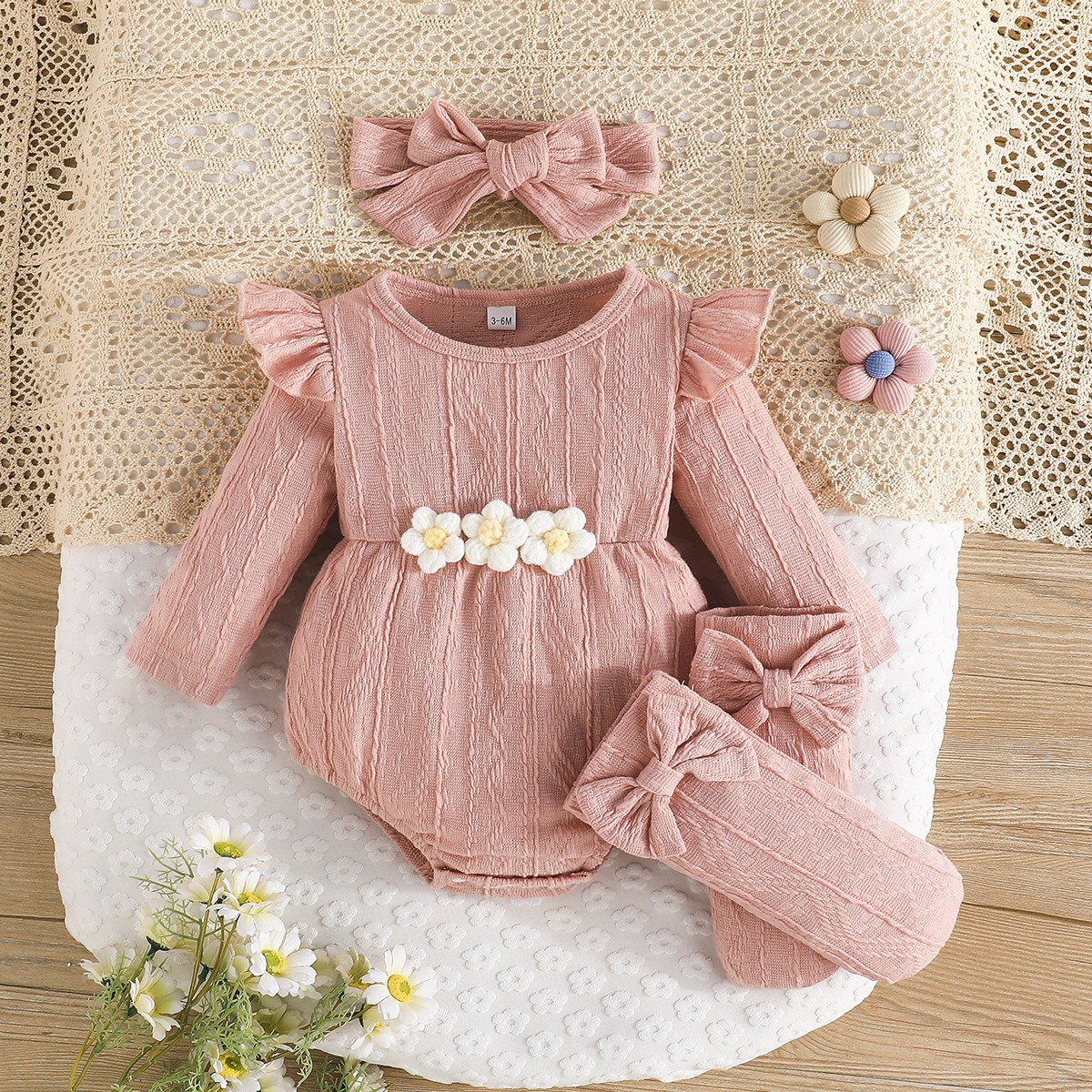 Baby Girl 3PCS Long Sleeve Romper Set with Headband & Bow Knee High Socks Floral Waist Cotton Outfit for Newborn Toddler 0-18M