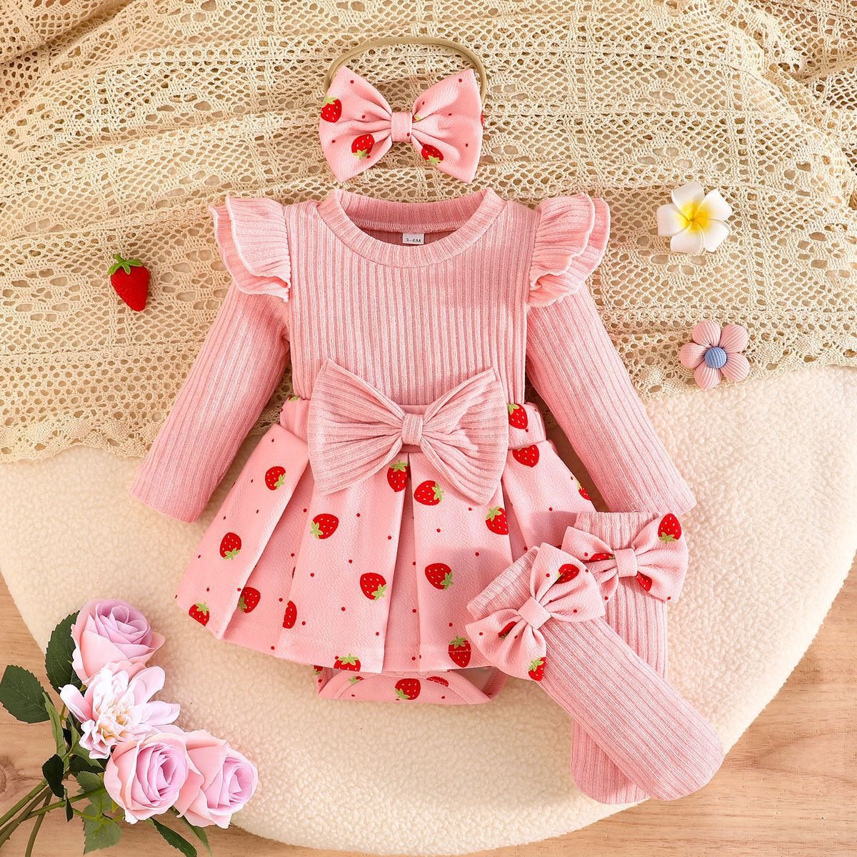 Baby Girl 3PCS Long Sleeve Romper Set with Headband & Bow Knee High Socks Floral Waist Cotton Outfit for Newborn Toddler 0-18M