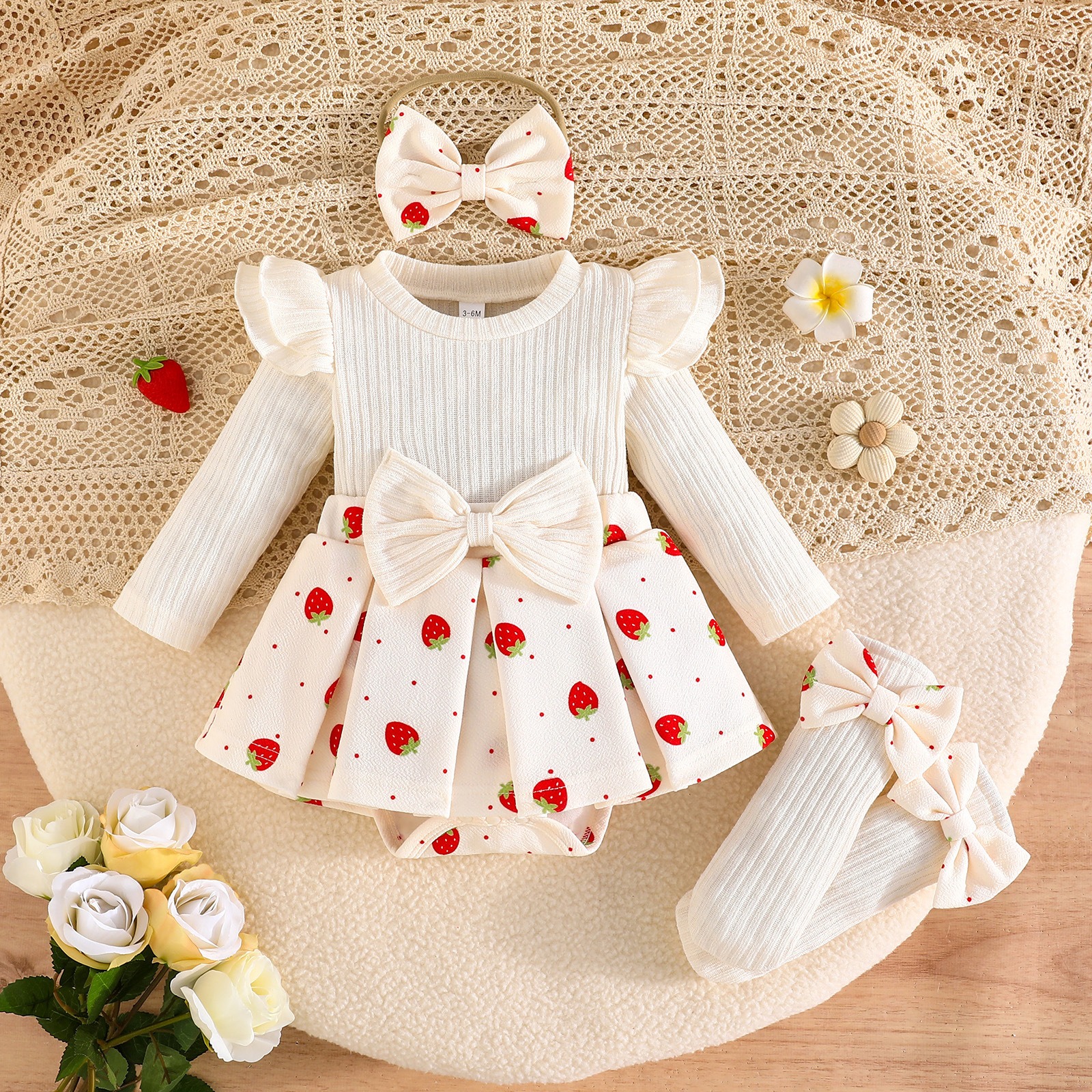 Baby Girl 3PCS Long Sleeve Romper Set with Headband & Bow Knee High Socks Floral Waist Cotton Outfit for Newborn Toddler 0-18M