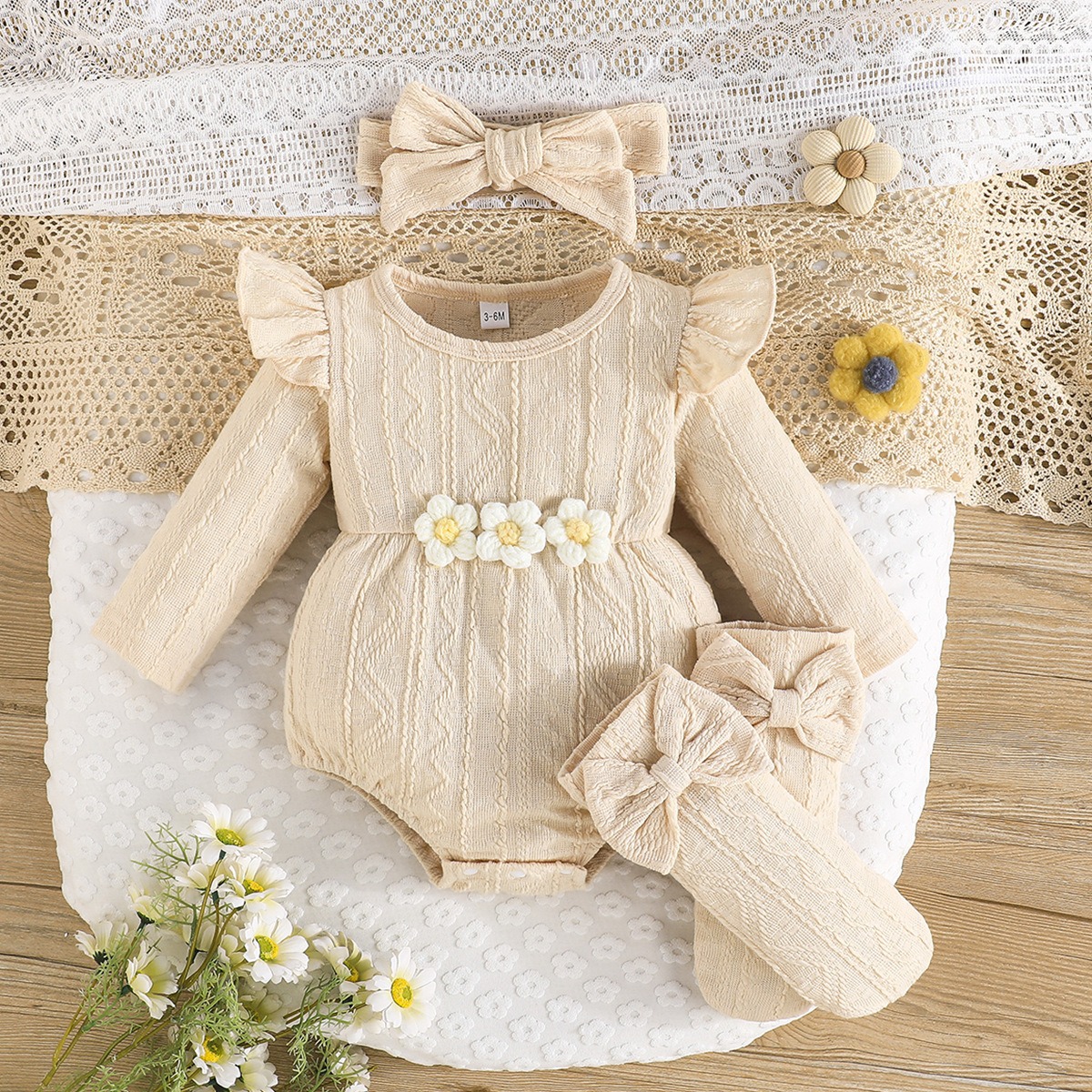 Baby Girl 3PCS Long Sleeve Romper Set with Headband & Bow Knee High Socks Floral Waist Cotton Outfit for Newborn Toddler 0-18M
