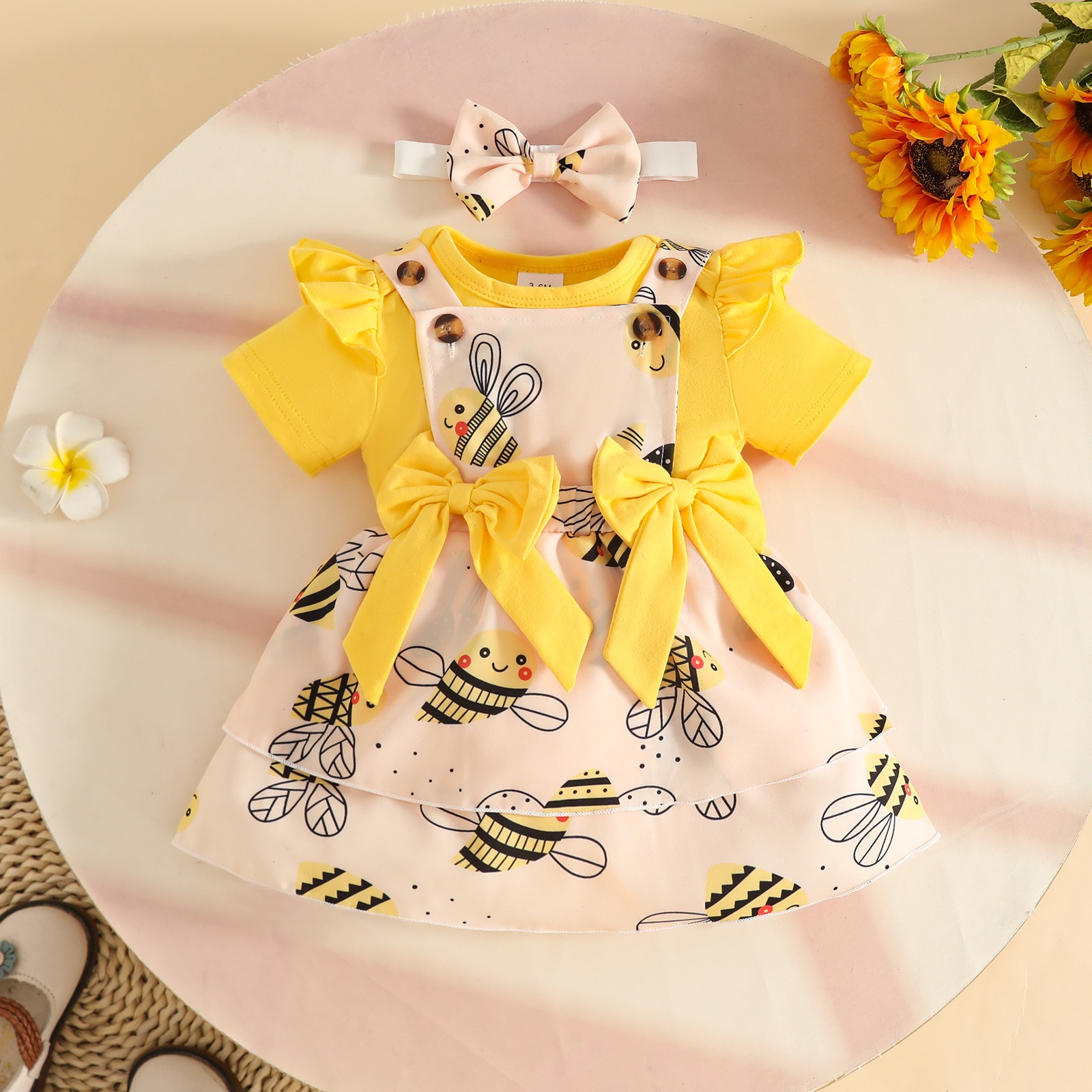 Baby Girl Summer Clothing Set 3PCS Bodysuit Dress Headband Outfit Cute Princess Suspender Skirt Infant Toddler Wear