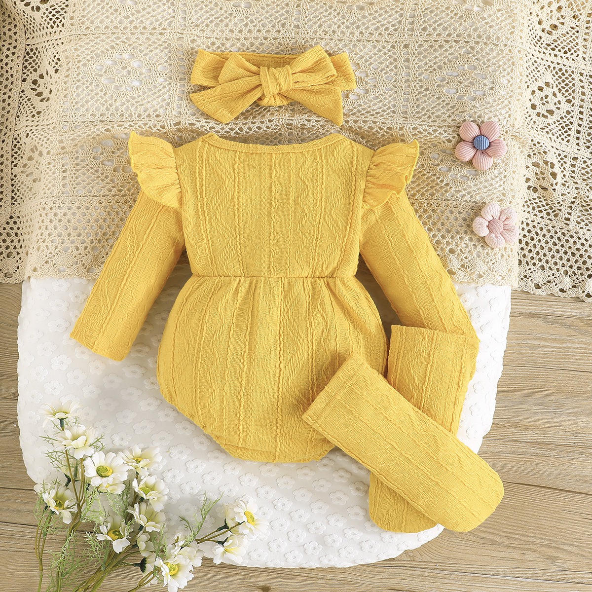 Baby Girl 3PCS Long Sleeve Romper Set with Headband & Bow Knee High Socks Floral Waist Cotton Outfit for Newborn Toddler 0-18M
