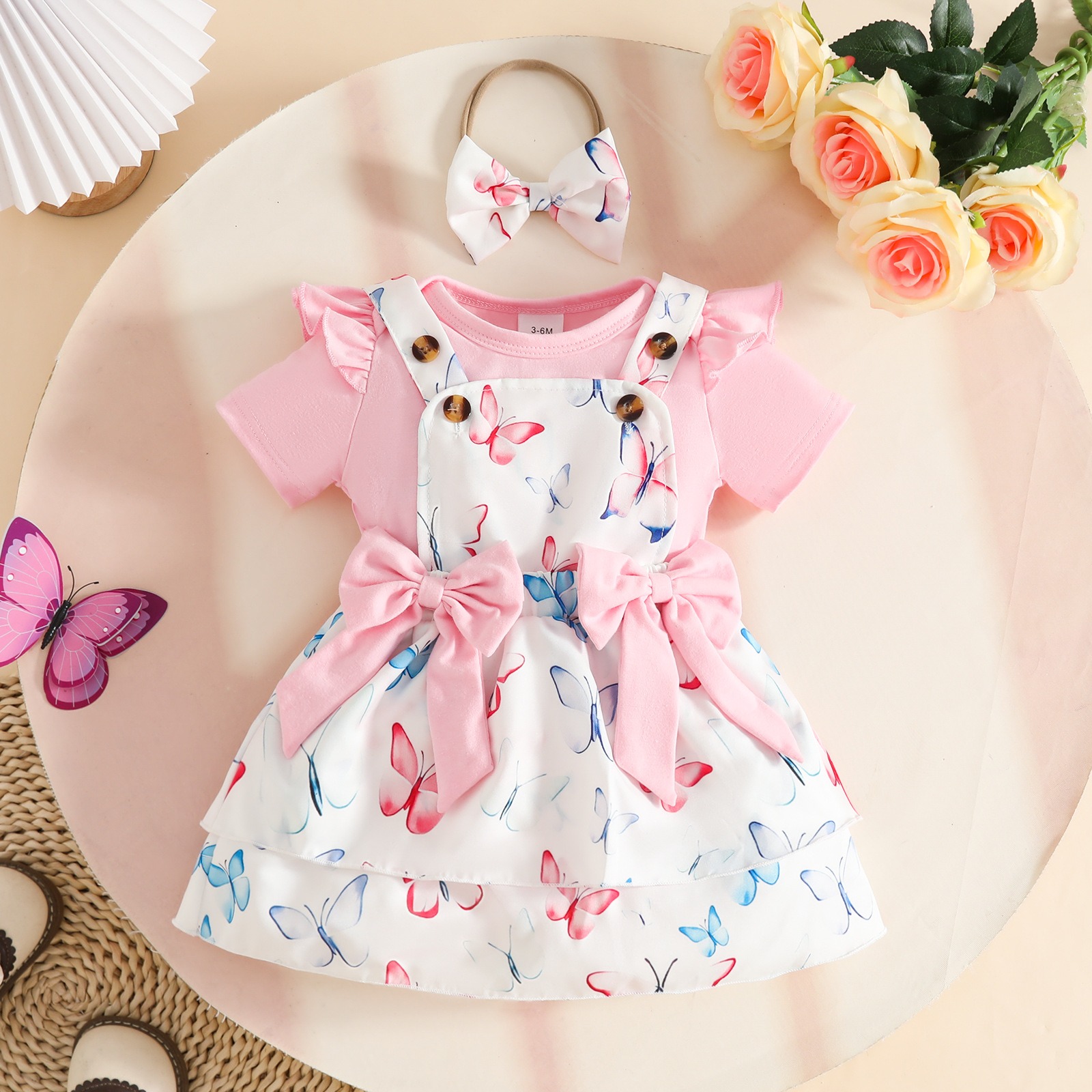 Baby Girl Summer Clothing Set 3PCS Bodysuit Dress Headband Outfit Cute Princess Suspender Skirt Infant Toddler Wear