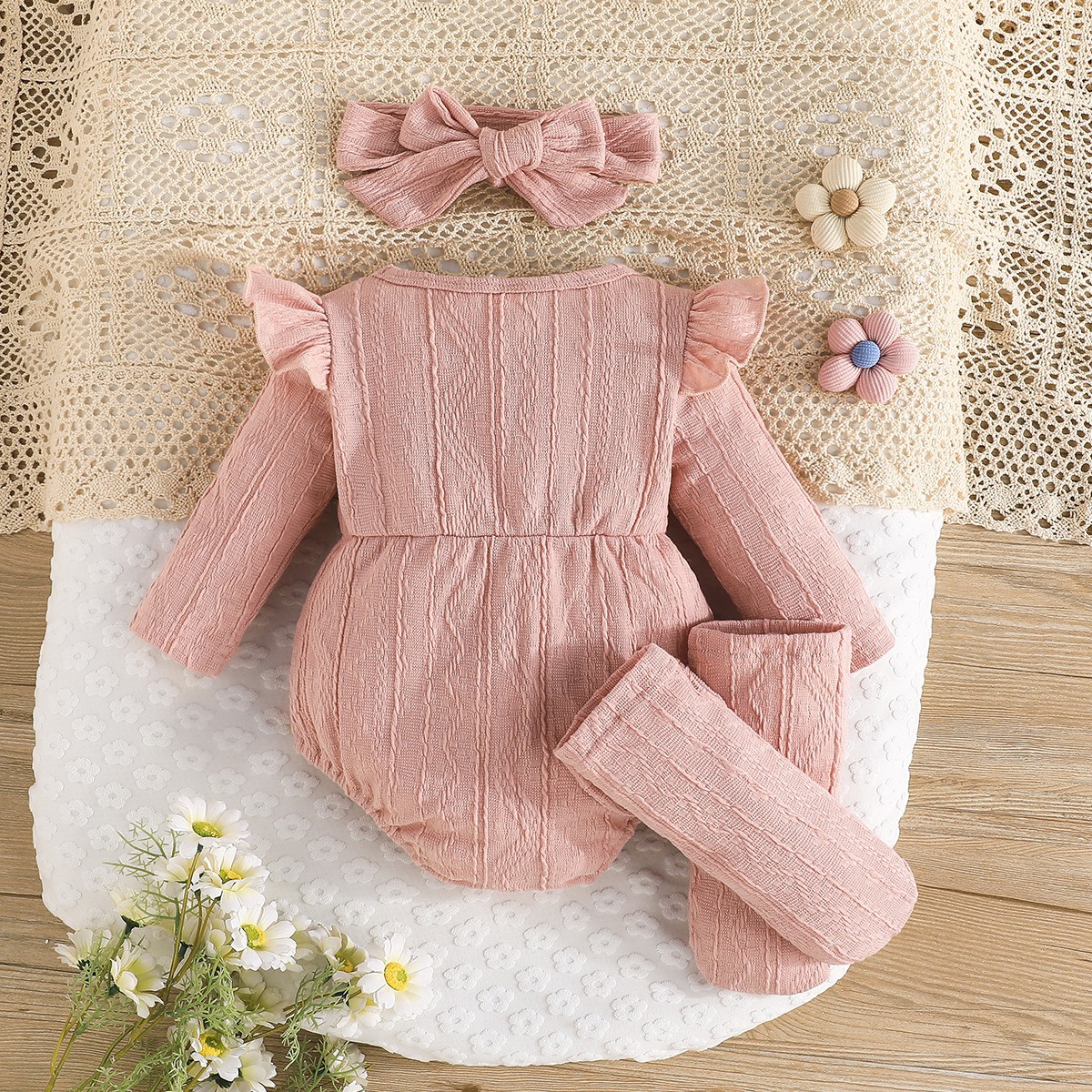 Baby Girl 3PCS Long Sleeve Romper Set with Headband & Bow Knee High Socks Floral Waist Cotton Outfit for Newborn Toddler 0-18M