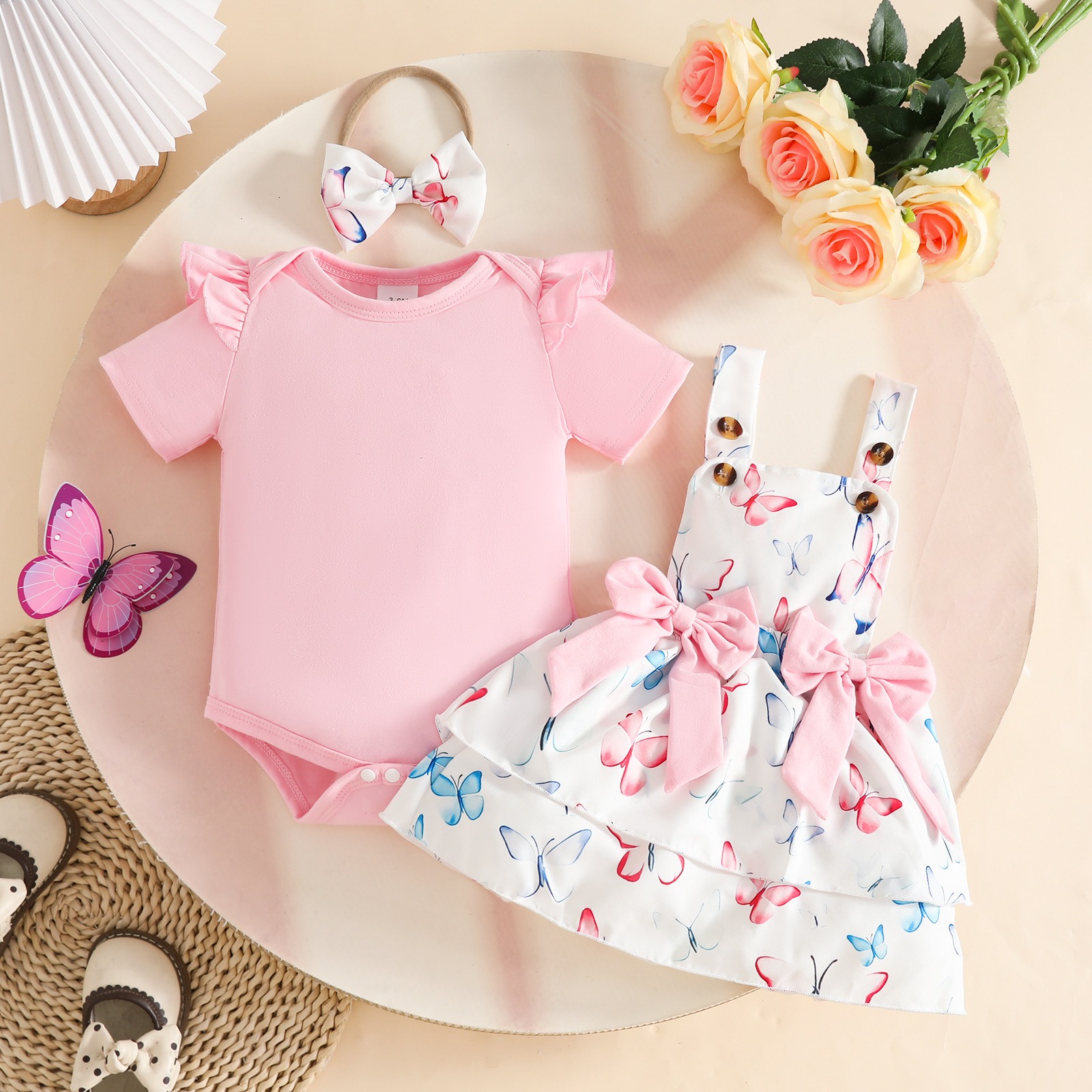 Baby Girl Summer Clothing Set 3PCS Bodysuit Dress Headband Outfit Cute Princess Suspender Skirt Infant Toddler Wear