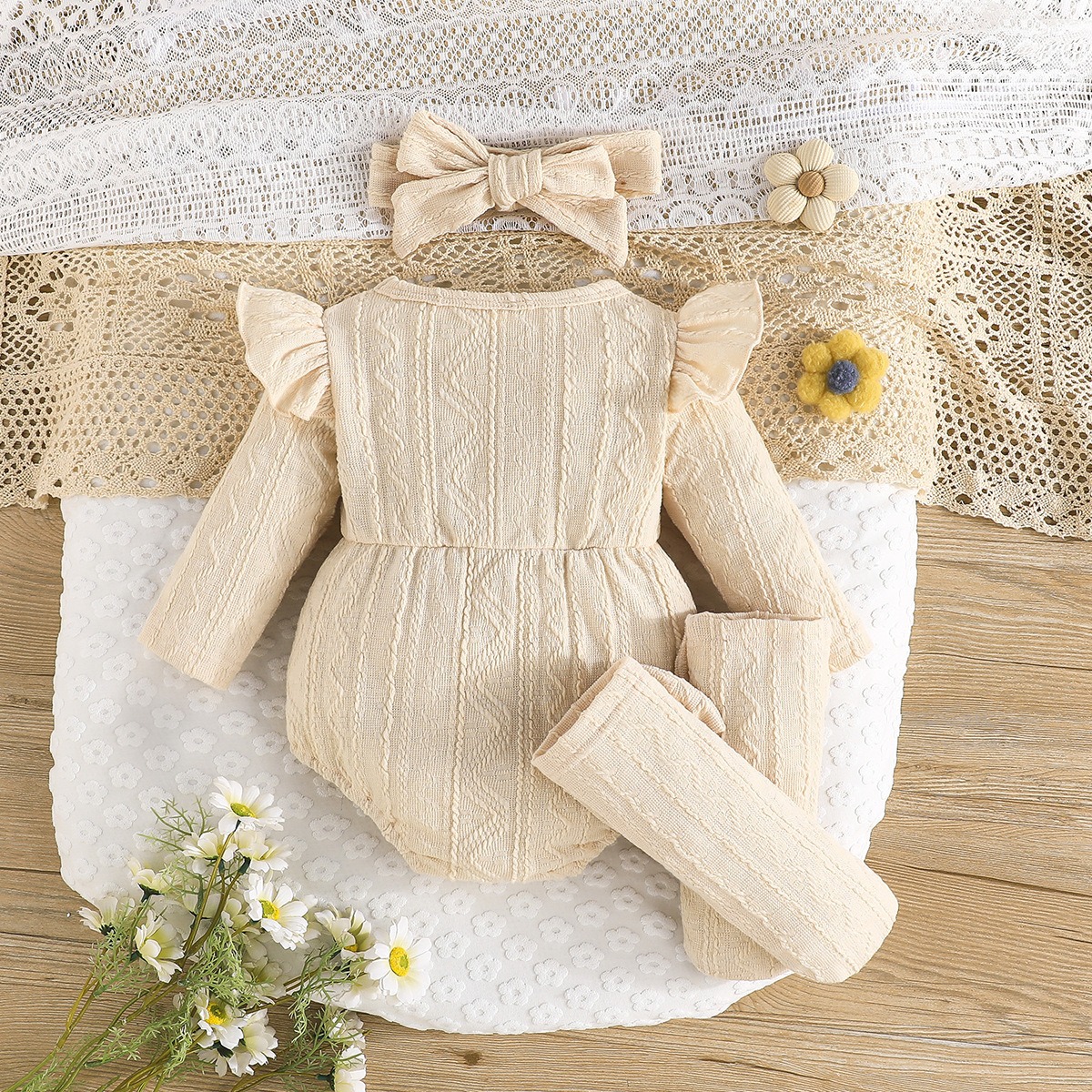 Baby Girl 3PCS Long Sleeve Romper Set with Headband & Bow Knee High Socks Floral Waist Cotton Outfit for Newborn Toddler 0-18M