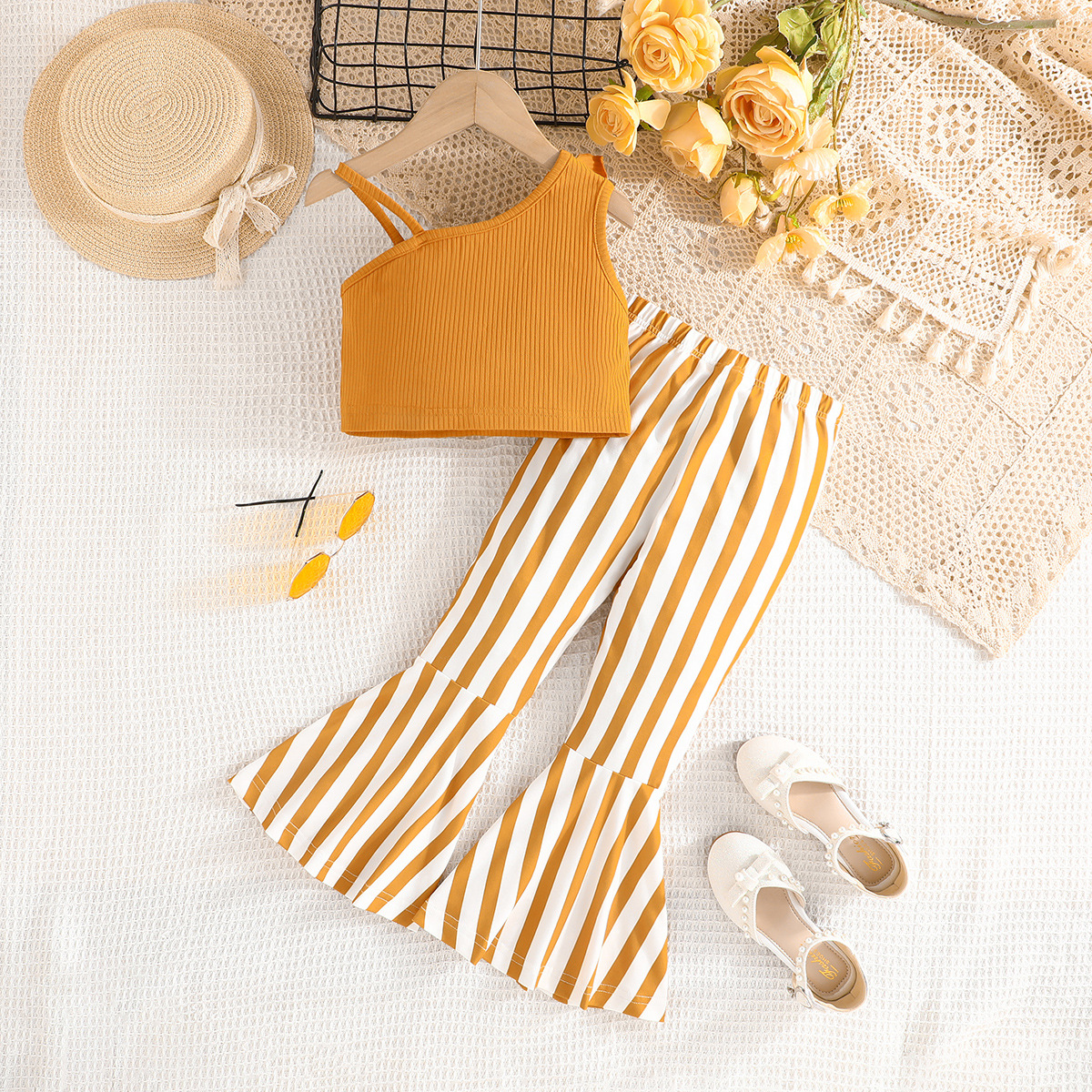 Girls Ribbed Ruffle Camisole Top and Striped Flare Pants Set Summer Casual Fashion 2PCS Outfit for Kids
