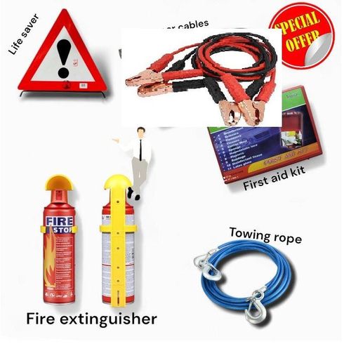 Heavy Duty Car LifeSaver emergency kit Package 5 in 1 set / Car Emergency Kit – Jumper Cables, First aid kit, Towing Rope, Fire Extinguisher & Safety Triangle