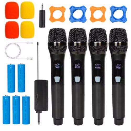 4 Channel UHF Wireless Microphone System - 5 x 1200mAh Rechargeable Batteries, 160ft Range