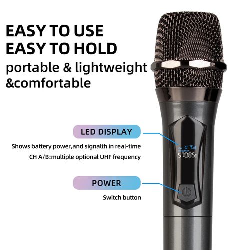 4 Channel UHF Wireless Microphone System - 5 x 1200mAh Rechargeable Batteries, 160ft Range