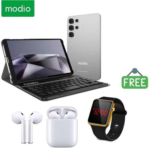 M132 Tablet PC, Display 8 inch, Memory 512GB ROM + 8GB RAM, Battery 5000mah, Camera 13mp+5mp, Dual SIM, Flip case, Keyboard & Touch pen Tablet gray + Free Earpods & LED Watch