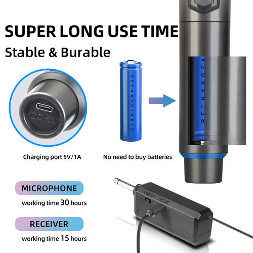 4 Channel UHF Wireless Microphone System - 5 x 1200mAh Rechargeable Batteries, 160ft Range