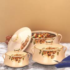 four-piece set of Signature Lorenzo insulated hot pots featuring stainless steel inner linings and floral rose designs,