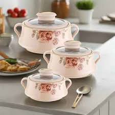 four-piece set of Signature Lorenzo insulated hot pots featuring stainless steel inner linings and floral rose designs,
