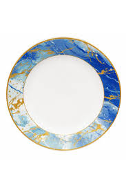 Signature "Majestic Ocean" 11-Inch Flatter Dinner Plate. Signature Majestic Ocean 11-inch Flatter Dinner Plate features a striking blue and gold marble rim pattern on durable opalware glass.