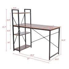 Computer desk features a rustic brown wood-grain finish paired with a black metal X-frame and an integrated multi-tier side bookshelf