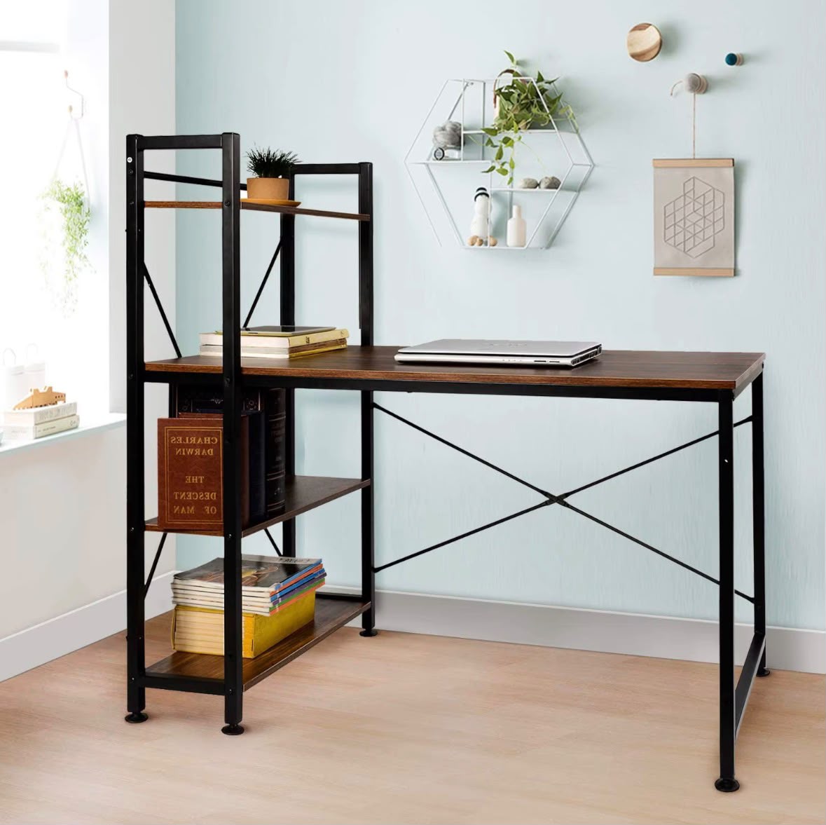 Computer desk features a rustic brown wood-grain finish paired with a black metal X-frame and an integrated multi-tier side bookshelf