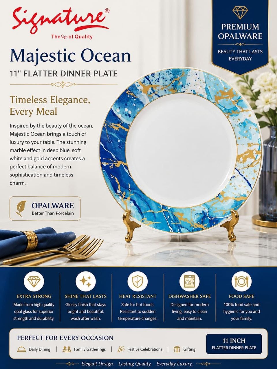 Signature "Majestic Ocean" 11-Inch Flatter Dinner Plate. Signature Majestic Ocean 11-inch Flatter Dinner Plate features a striking blue and gold marble rim pattern on durable opalware glass.