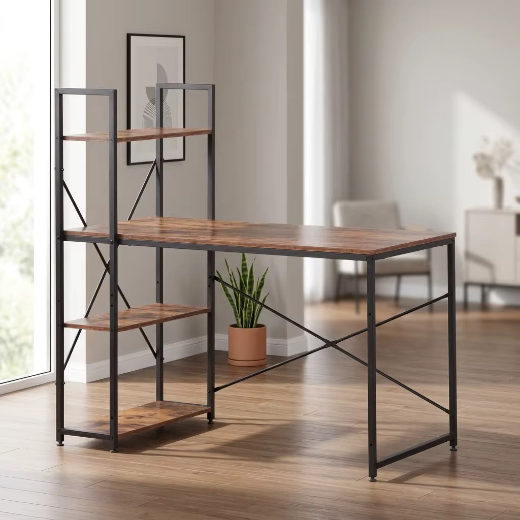 Computer desk features a rustic brown wood-grain finish paired with a black metal X-frame and an integrated multi-tier side bookshelf