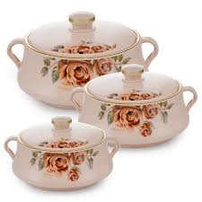 four-piece set of Signature Lorenzo insulated hot pots featuring stainless steel inner linings and floral rose designs,