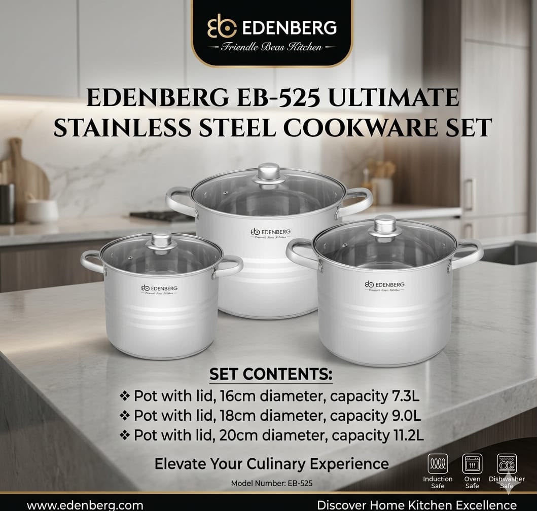 Edenberg EB-525 Ultimate Stainless Steel Cookware Set consists of three large-capacity, heavy-duty cooking pots paired with matching tempered glass lids
