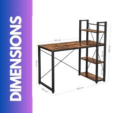 Computer desk features a rustic brown wood-grain finish paired with a black metal X-frame and an integrated multi-tier side bookshelf