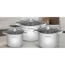 Edenberg EB-525 Ultimate Stainless Steel Cookware Set consists of three large-capacity, heavy-duty cooking pots paired with matching tempered glass lids