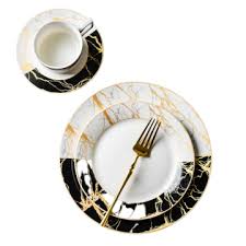 Signature Majestic Night 11" Flatter Dinner Plate features premium opalware with a striking black and white marble pattern accented by gold
