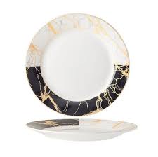 Signature Majestic Night 11" Flatter Dinner Plate features premium opalware with a striking black and white marble pattern accented by gold