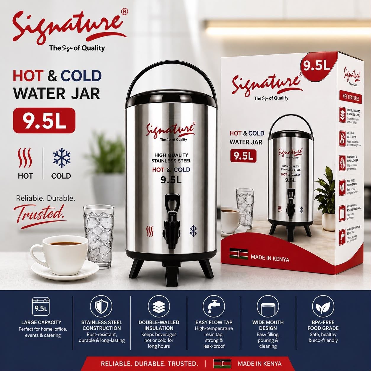 Signature Hot & Cold Water Jar (9.5L), a high-quality stainless steel insulated beverage dispenser.double-wall insulated body that maintains liquid temperatures for both hot and cold refreshments.