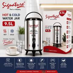 Signature Hot & Cold Water Jar (9.5L), a high-quality stainless steel insulated beverage dispenser.double-wall insulated body that maintains liquid temperatures for both hot and cold refreshments.