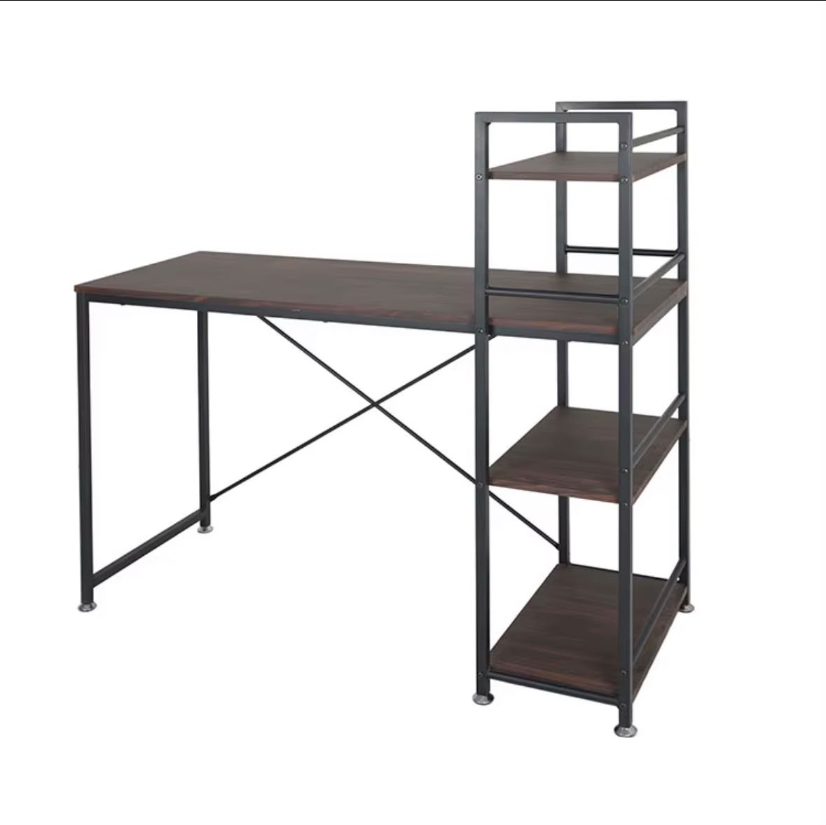 Computer desk features a rustic brown wood-grain finish paired with a black metal X-frame and an integrated multi-tier side bookshelf