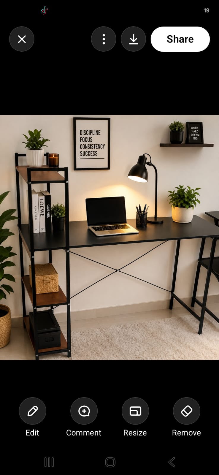 Computer desk features a rustic brown wood-grain finish paired with a black metal X-frame and an integrated multi-tier side bookshelf