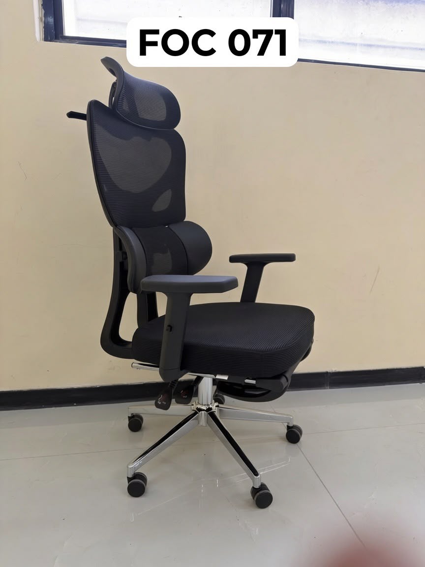 Ergonomic Executive Office Chair with a multi-segment mesh backrest and integrated footrest.