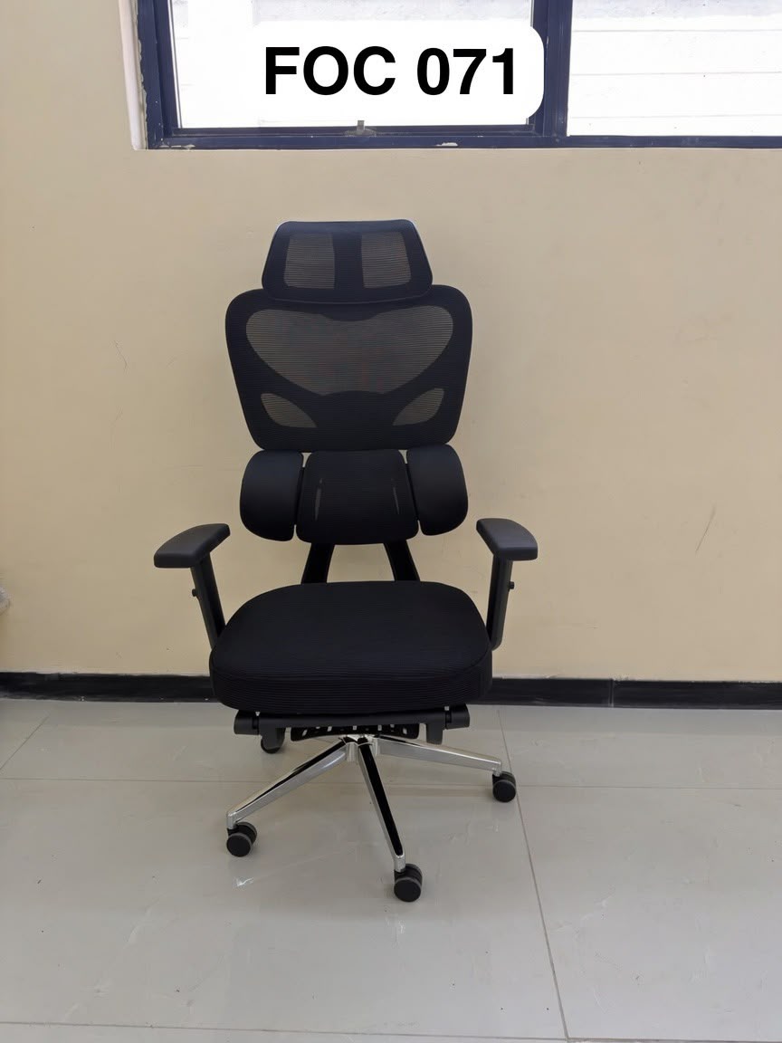 Ergonomic Executive Office Chair with a multi-segment mesh backrest and integrated footrest.