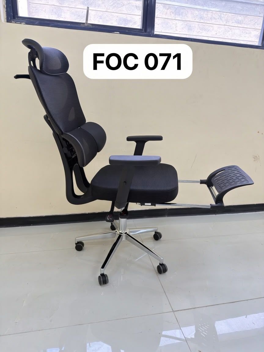 Ergonomic Executive Office Chair with a multi-segment mesh backrest and integrated footrest.