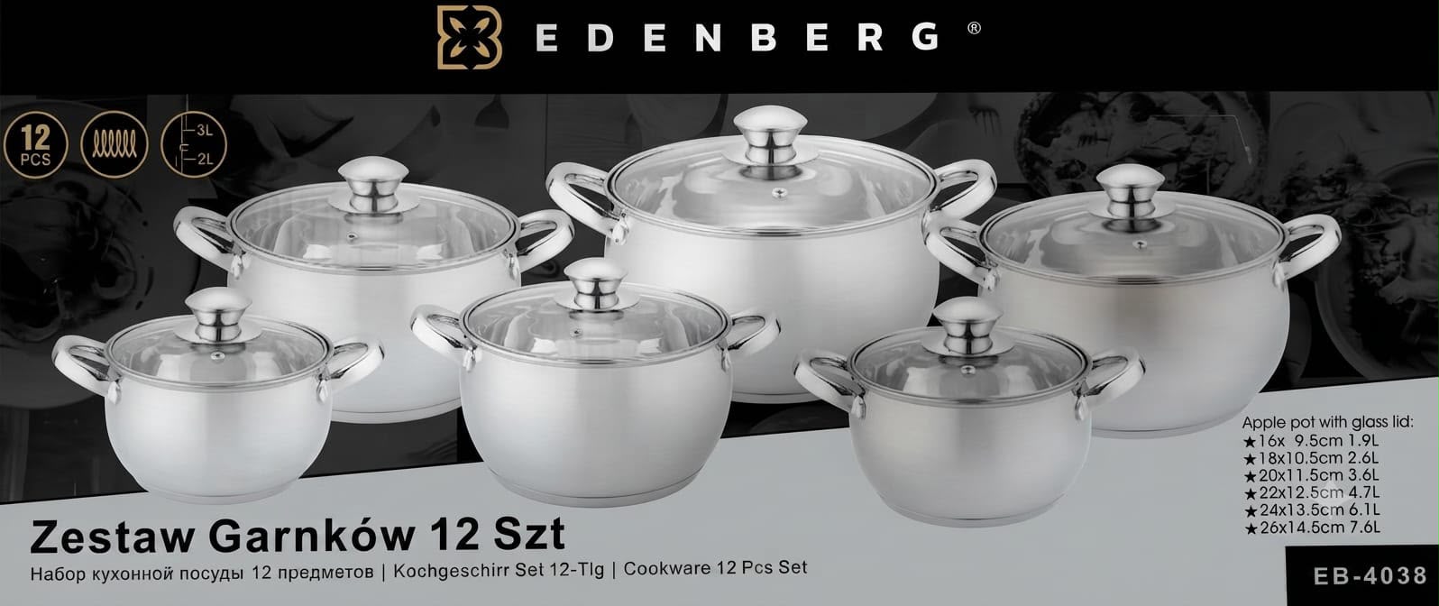 Edenberg 12-Piece Stainless Steel Cookware Set (Model EB-4038) engineered from high-grade stainless steel for optimal heat distribution